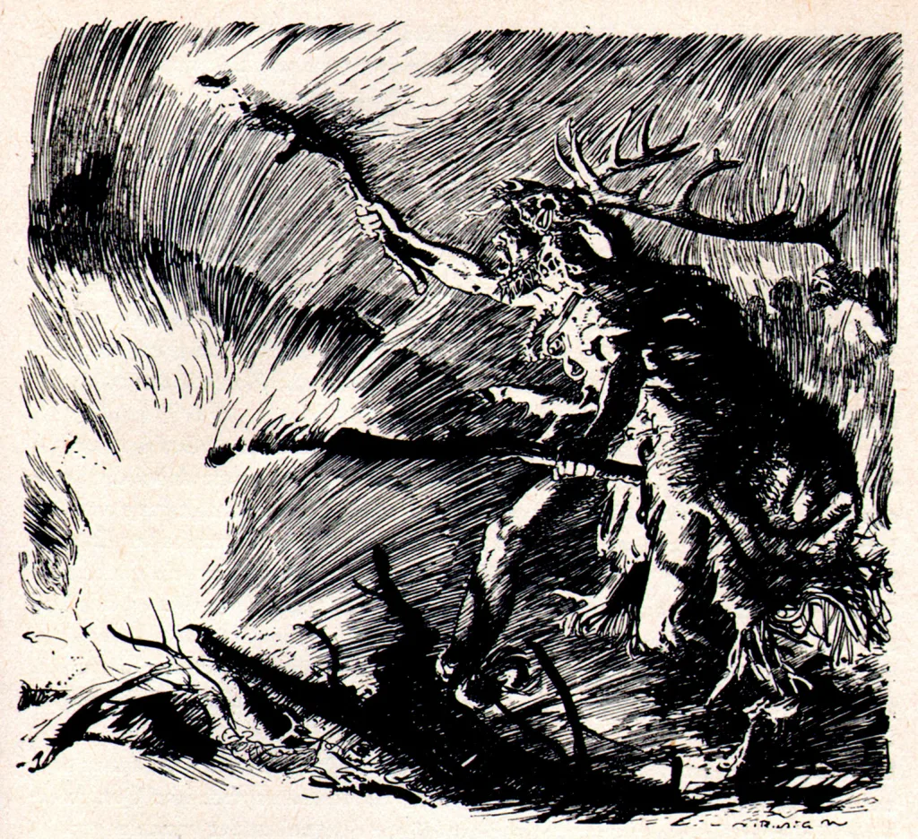 Pen-and-ink illustration of a prehistoric hunter wearing an antlered headdress, by Zdeněk Burian, 1962